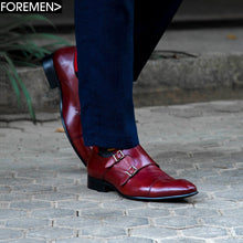 Tan Foremen Leather Double Monk Strap with Buckle type closure and rubber sole.