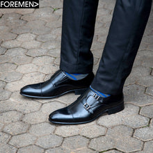 Black Foremen Leather Double Monk Strap with Buckle type closure and rubber sole.