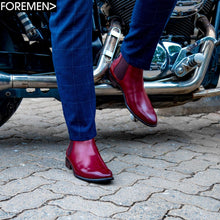 Ox-Blood ankle length soft leather Foremen Chelsea boots with slip-on type closure and rubber sole